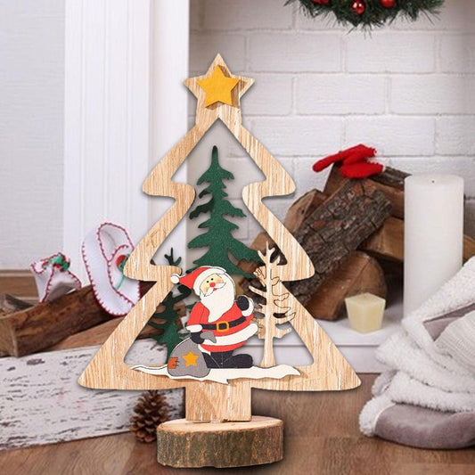 Decorațiune De Crăciun Pentru Masă, Brad Din Lemn Cu Stea Galbenă, Ornament De Sine Stătător, Stil Tradițional, Multicolor, 13.5 x 20 cm