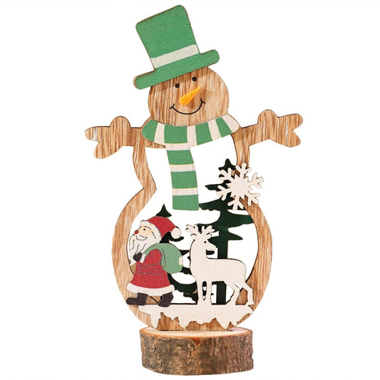 Decorațiune de Crăciun de Sine Stătătoare, Figurină Om de Zăpadă cu Căciulă Verde, Lemn Natural, Multicolor, 10.5 x 18 cm