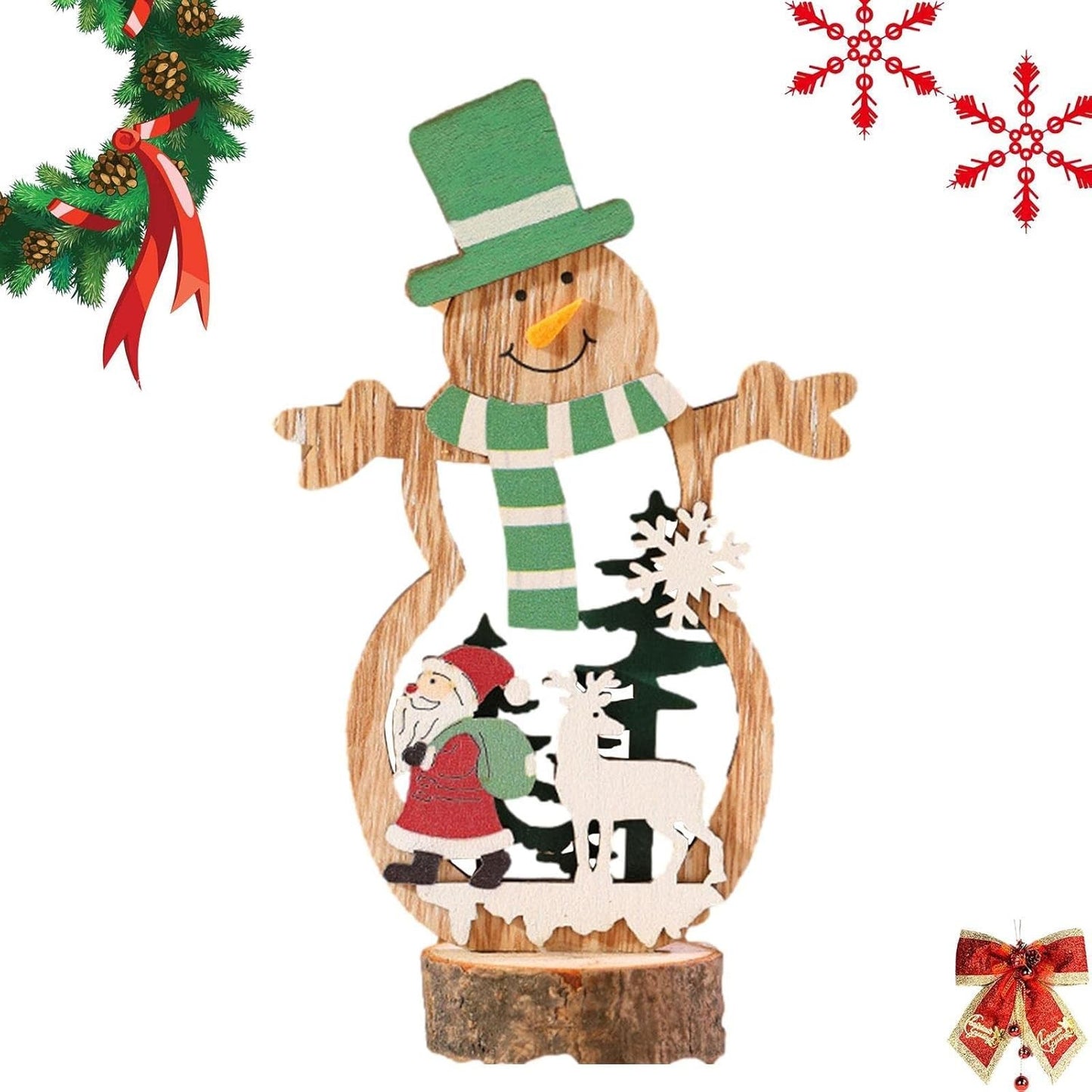 Decorațiune de Crăciun de Sine Stătătoare, Figurină Om de Zăpadă cu Căciulă Verde, Lemn Natural, Multicolor, 10.5 x 18 cm