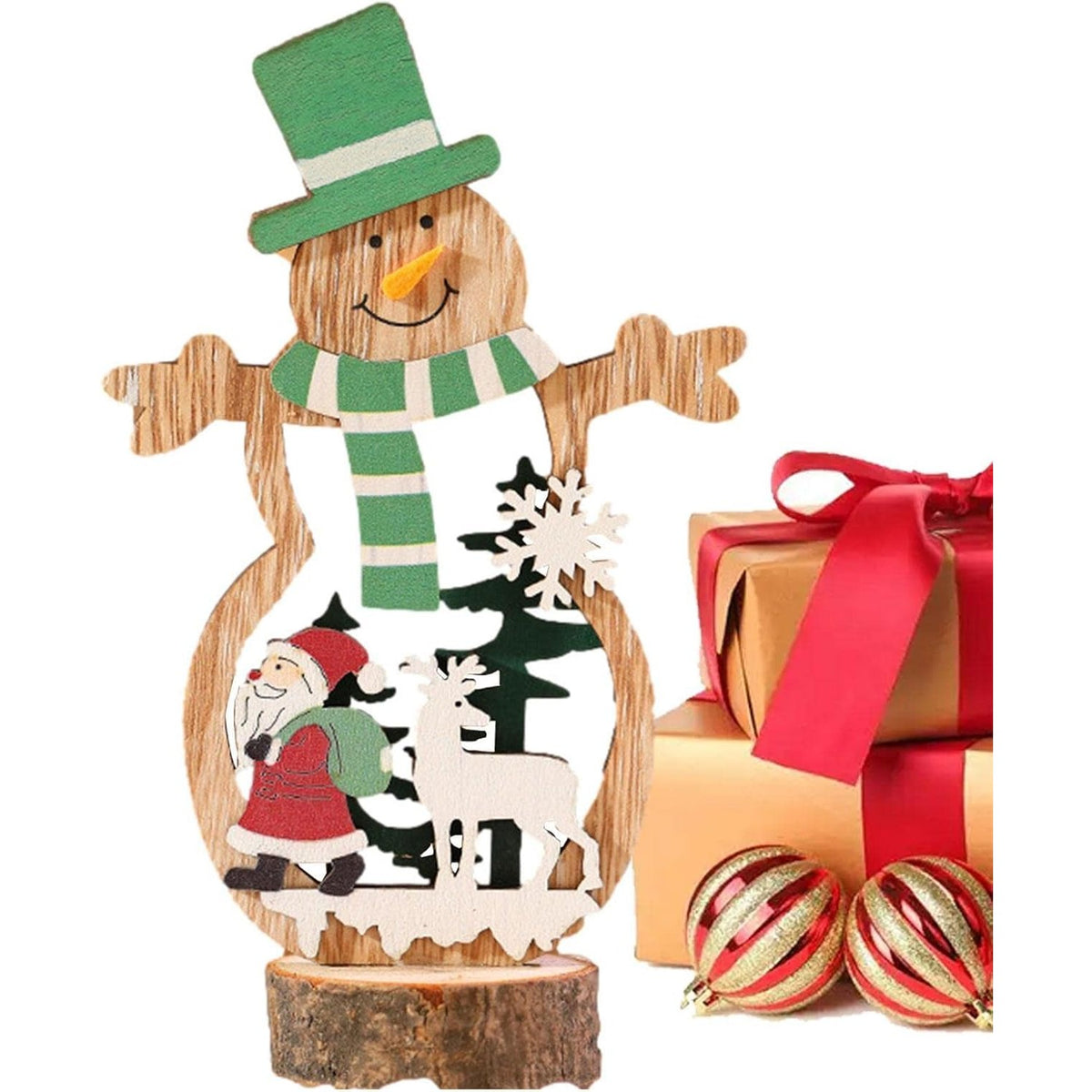Decorațiune de Crăciun de Sine Stătătoare, Figurină Om de Zăpadă cu Căciulă Verde, Lemn Natural, Multicolor, 10.5 x 18 cm