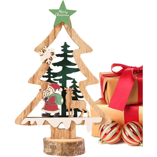 Decoratiune de Craciun Tip Brad cu Stea Verde, Ornament Stativ pentru Masa sau Polita, Lemn, 13 x 20 cm, Multicolor