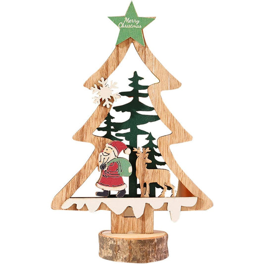 Decoratiune de Craciun Tip Brad cu Stea Verde, Ornament Stativ pentru Masa sau Polita, Lemn, 13 x 20 cm, Multicolor