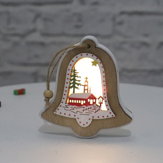 Ornament de Brad cu Lumini LED, Decoratiune de Craciun din Lemn, Model Clopot, Baterii Incluse, Multicolor, 11 x 10.5 x 2.5 cm
