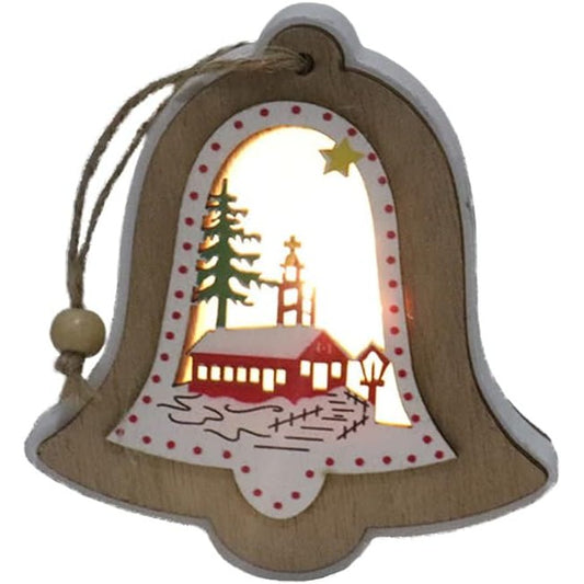Ornament de Brad cu Lumini LED, Decoratiune de Craciun din Lemn, Model Clopot, Baterii Incluse, Multicolor, 11 x 10.5 x 2.5 cm