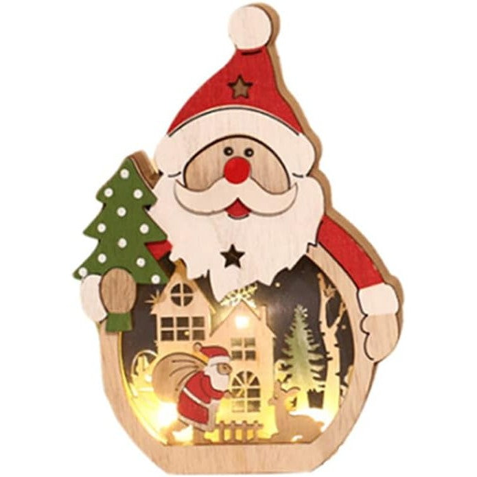Decorațiune de Crăciun cu Lumini LED, Model Moș Crăciun, Lemn Natural, Multicolor, 16 x 10.5 x 3.5 cm