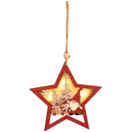 Ornament de Brad cu Lumini LED, Decoratiune Craciun Stea cu Figurina Elf, Lemn Natural, 11 x 10 x 1 cm, Multicolor