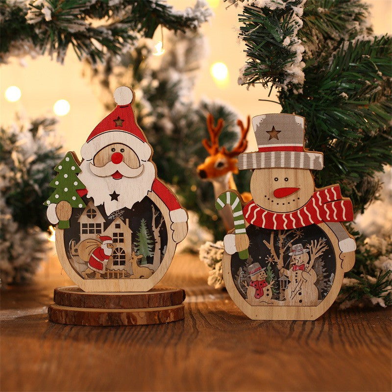 Decorațiune de Crăciun cu Lumini LED Calde, Model Om de Zăpadă, Figurina de Sine Stătătoare din Lemn, Multicolor, 16 x 10.5 x 3.5 cm