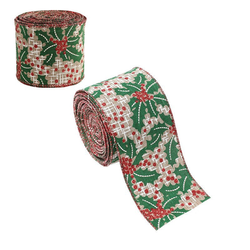 Panglica Decorativa Pentru Craciun, Ornament Brad Si Ambalare Cadouri, Material Textil Modelat, Khaki Cu Imprimeu Festive, 200 x 6.3 cm