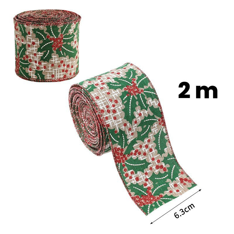 Panglica Decorativa Pentru Craciun, Ornament Brad Si Ambalare Cadouri, Material Textil Modelat, Khaki Cu Imprimeu Festive, 200 x 6.3 cm