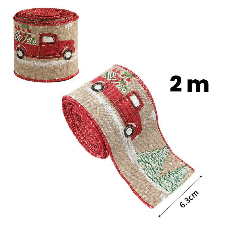 Panglica Decorativa pentru Craciun, Ornament pentru Brad si Cadouri, Imprimeu Masina Rosie, Material Textil Modelabil, Khaki, 200 x 6.3 cm