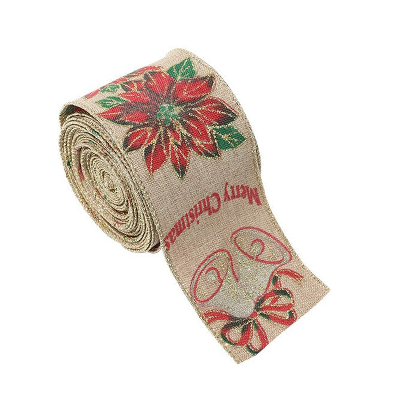 Panglica Decorativa Pentru Craciun, Ornament Brad Si Cadouri, Imprimeu Floare Rosie Si Merry Christmas, Material Textil, 200 x 6.3 cm, Khaki