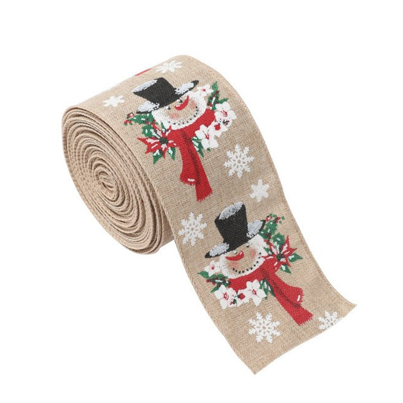 Panglica Decorativa pentru Craciun, Ornament Brad si Aranjamente Festive, Imprimeu Om de Zapada, Material Textil Modelabil, Khaki, 200 x 6.3 cm