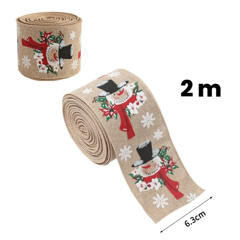 Panglica Decorativa pentru Craciun, Ornament Brad si Aranjamente Festive, Imprimeu Om de Zapada, Material Textil Modelabil, Khaki, 200 x 6.3 cm