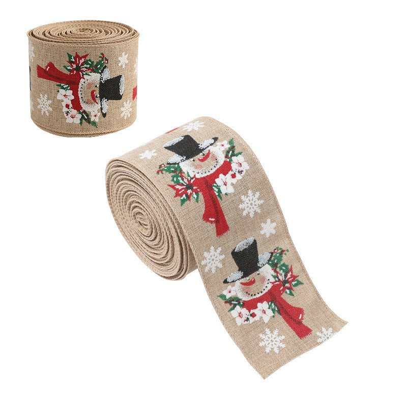 Panglica Decorativa pentru Craciun, Ornament Brad si Aranjamente Festive, Imprimeu Om de Zapada, Material Textil Modelabil, Khaki, 200 x 6.3 cm