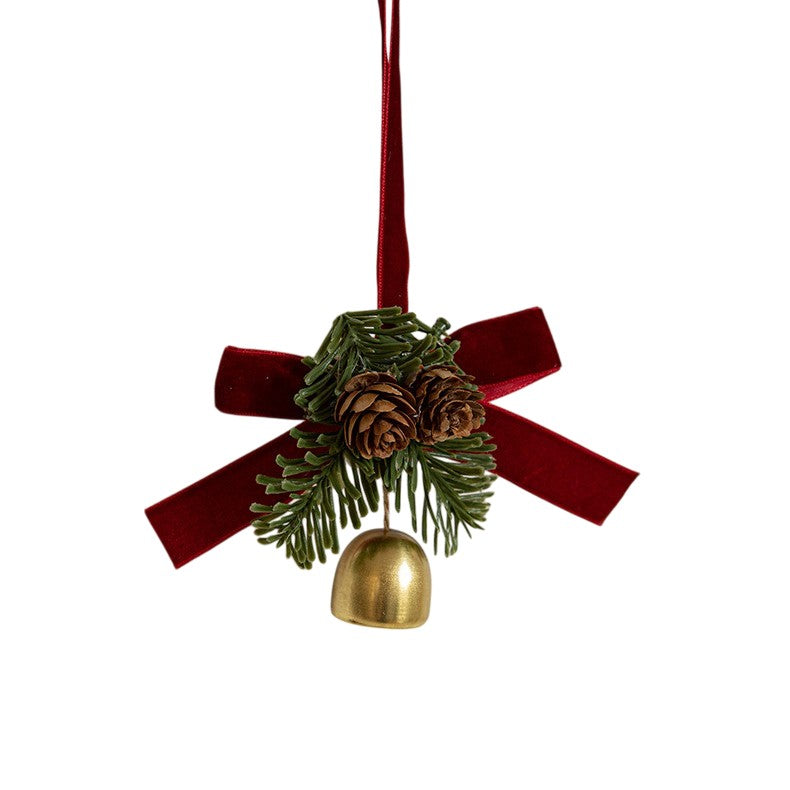 Ornament de Brad Tip Funda de Craciun, Panglica Velvet Rosie cu Clopotel Auriu si Conuri Naturale, Decoratiune Suspendabila, Catifea, 10 x 10 cm, Rosu