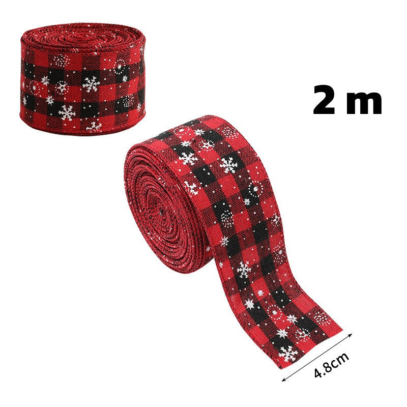 Panglica Decorativa pentru Craciun, Ornament Brad si Cadouri, Model Carouri cu Fulgi de Zapada, Material Textil, 200 x 4.8 cm, Rosu/Negru