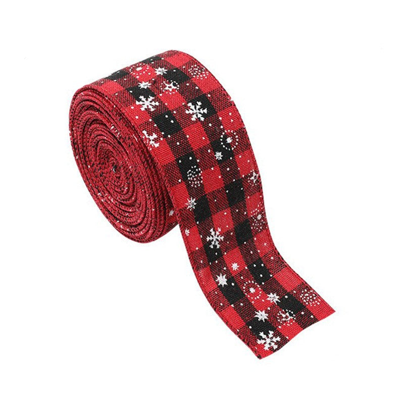Panglica Decorativa pentru Craciun, Ornament Brad si Cadouri, Model Carouri cu Fulgi de Zapada, Material Textil, 200 x 4.8 cm, Rosu/Negru
