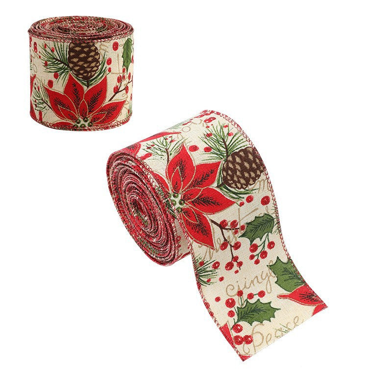 Panglica Decorativa pentru Craciun, Ornament pentru Brad si Cadouri, Design Conuri si Floare Rosie, Material Textil Modelabil, Khaki, 200 x 6.3 cm