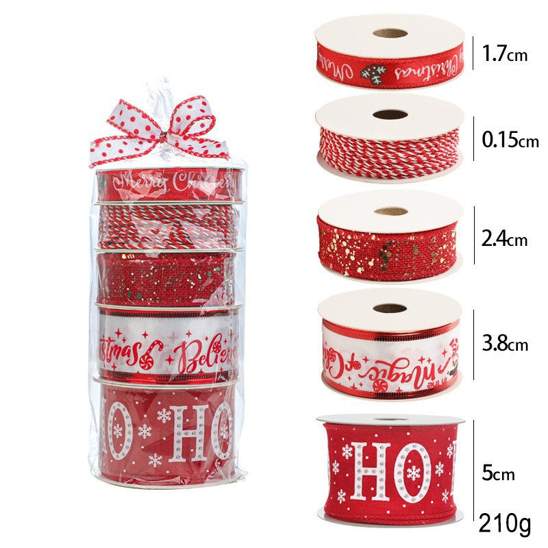 Panglica Decorativa Craciun, Set 4 Role si 1 Rulon Ata, Model Ho Ho Ho, Material Textil pentru Cadouri si Brad, 2 m, Rosu si Alb