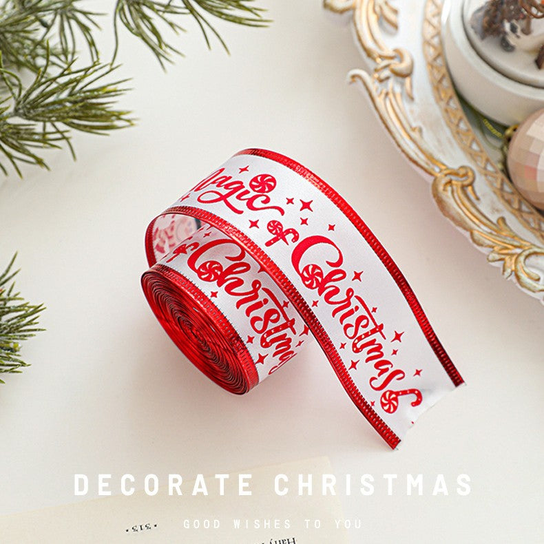 Panglica Decorativa Craciun, Set 4 Role si 1 Rulon Ata, Model Ho Ho Ho, Material Textil pentru Cadouri si Brad, 2 m, Rosu si Alb