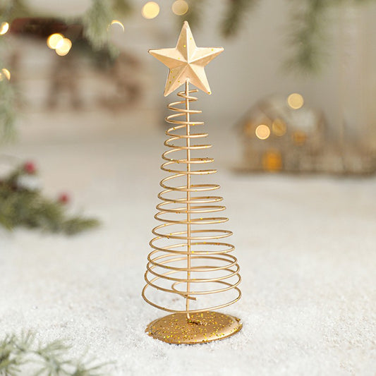 Brad de Craciun Decorativ, Bradut de Masa cu Design Spiralat si Stea, Ornament din Metal, Auriu, 19.5 x 6.5 cm