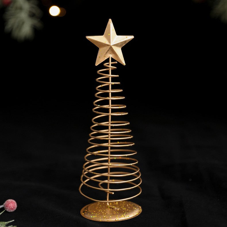 Brad de Craciun Decorativ, Bradut de Masa cu Design Spiralat si Stea, Ornament din Metal, Auriu, 19.5 x 6.5 cm