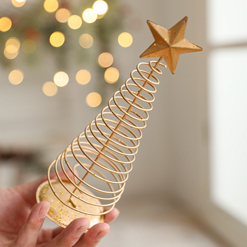 Brad de Craciun Decorativ, Bradut de Masa cu Design Spiralat si Stea, Ornament din Metal, Auriu, 19.5 x 6.5 cm