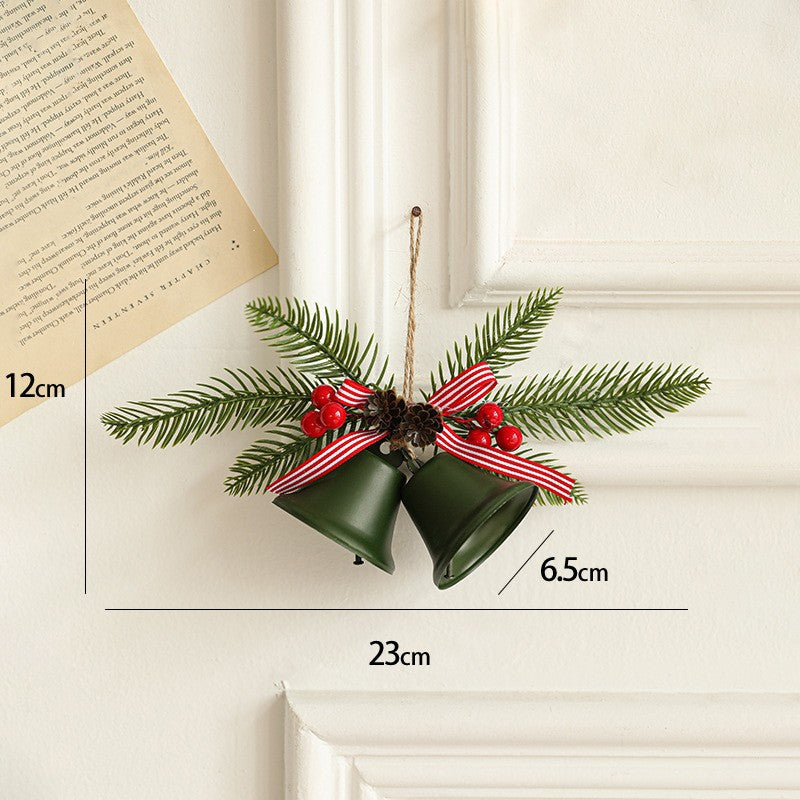 Decoratiune de Craciun pentru Brad, Model 2 Clopotei cu Crenguta Artificiala si Conuri, Plastic si Textil, 23 x 12 cm, Verde Mat