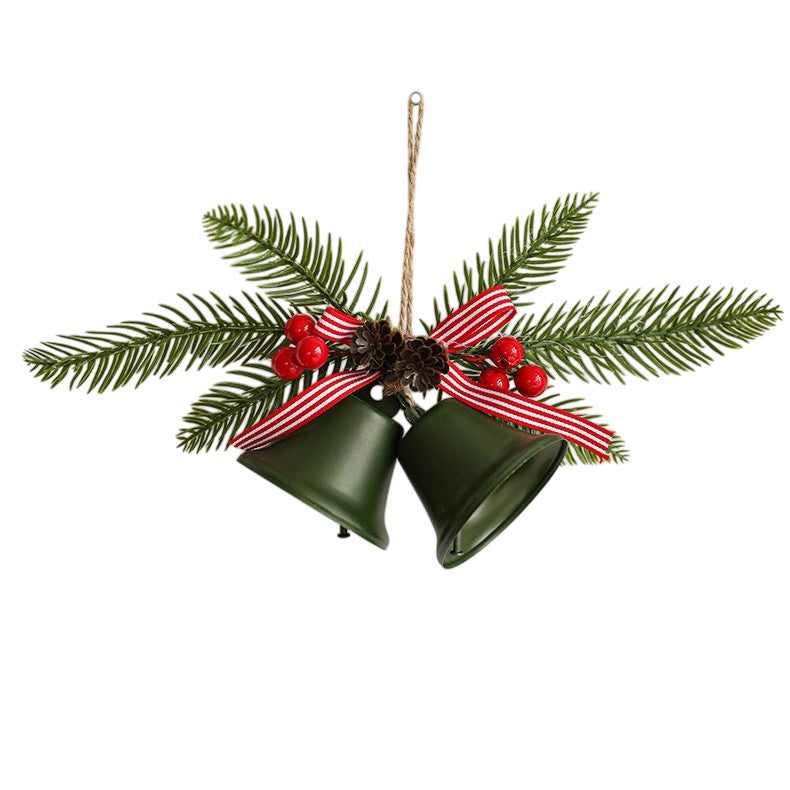 Decoratiune de Craciun pentru Brad, Model 2 Clopotei cu Crenguta Artificiala si Conuri, Plastic si Textil, 23 x 12 cm, Verde Mat
