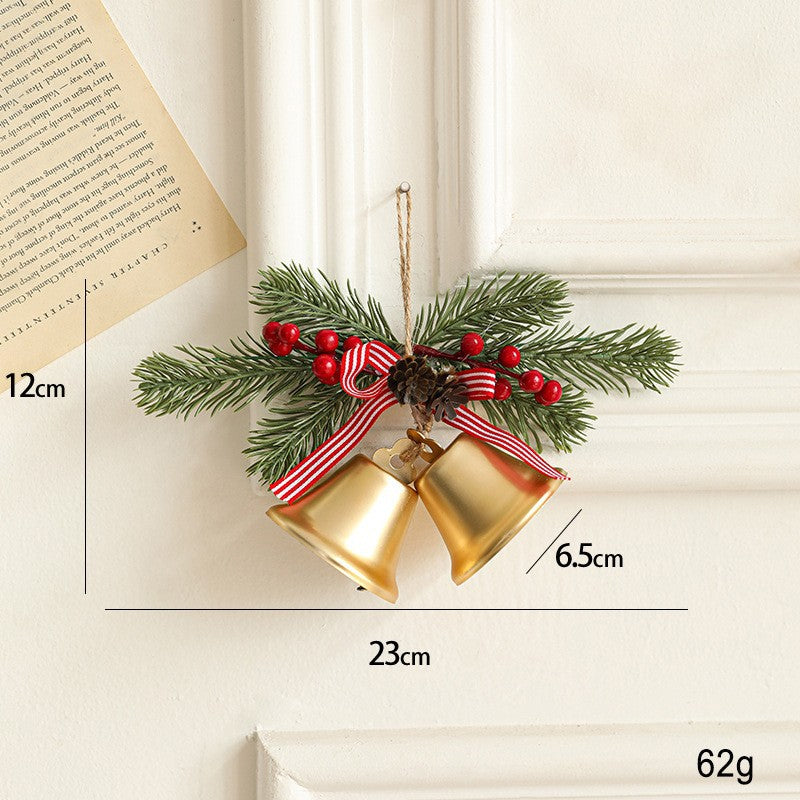 Decoratiune de Craciun pentru Brad, 2 Clopotei Aurii cu Crenguta Artificiala, Conuri si Fundita, Plastic si Textil, 23 x 12 cm, Auriu