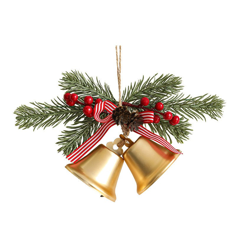 Decoratiune de Craciun pentru Brad, 2 Clopotei Aurii cu Crenguta Artificiala, Conuri si Fundita, Plastic si Textil, 23 x 12 cm, Auriu