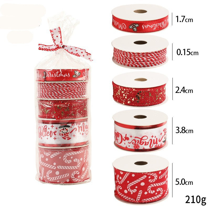 Panglica Decorativa de Craciun pentru Cadouri si Brad, Set 4 Role cu Model Acadele si 1 Rulon Ata, Textil, 2 m, Rosu si Alb