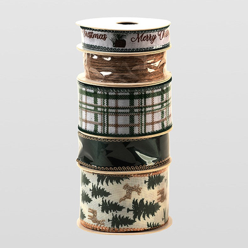 Set Panglici Decorative Craciun, Panglica pentru Cadouri si Brad, Model Braduti, Include Rulon Ata Maro, Alb si Verde, 4 Bucati x 2 m