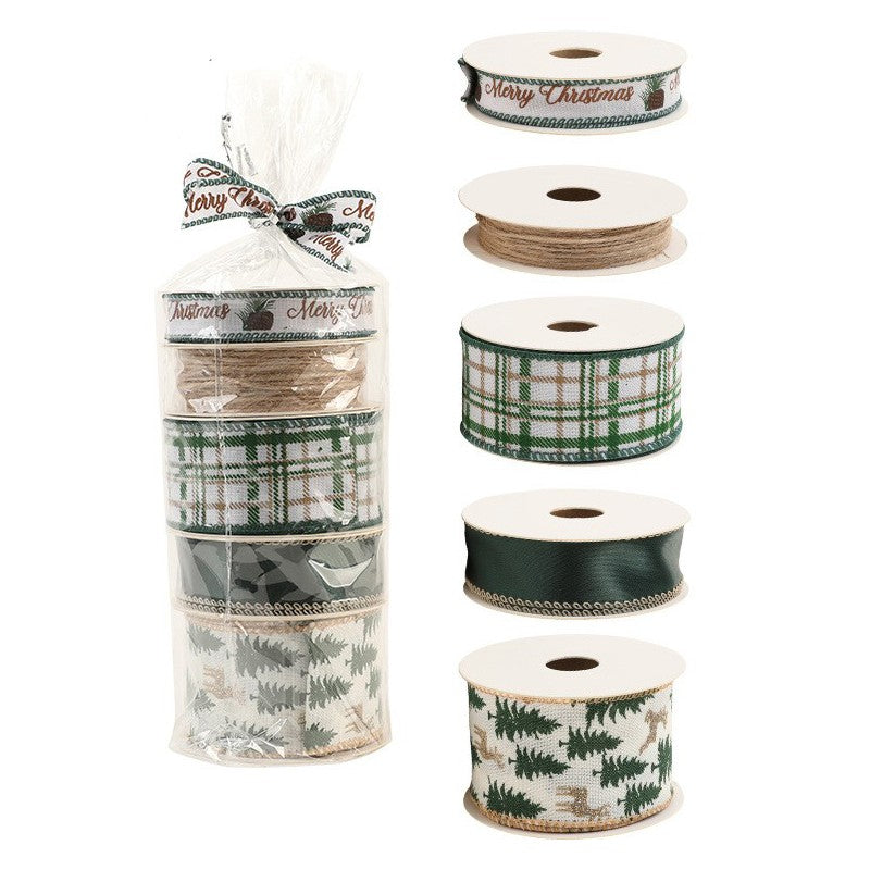 Set Panglici Decorative Craciun, Panglica pentru Cadouri si Brad, Model Braduti, Include Rulon Ata Maro, Alb si Verde, 4 Bucati x 2 m