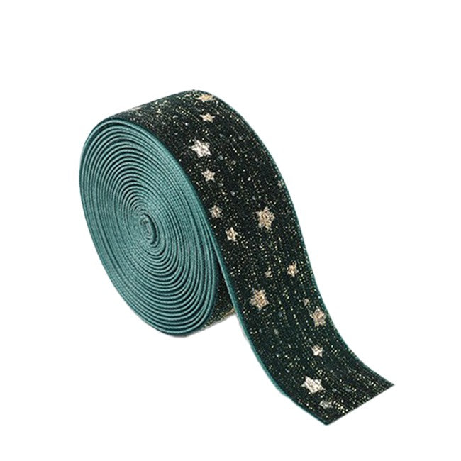 Panglica Decorativa de Craciun, Model cu Stele Aurii si Aspect Catifelat, Panza pentru Ornamente Brad si Cadouri, 200 x 2.5 cm, Verde