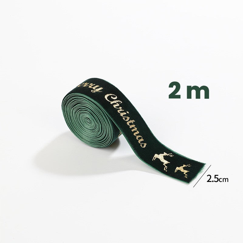 Panglica Decorativa de Craciun, Model Merry Christmas si Cerbi Aurii, Panza cu Aspect de Catifea, Decor Brad si Cadouri, 200 x 2.5 cm, Verde