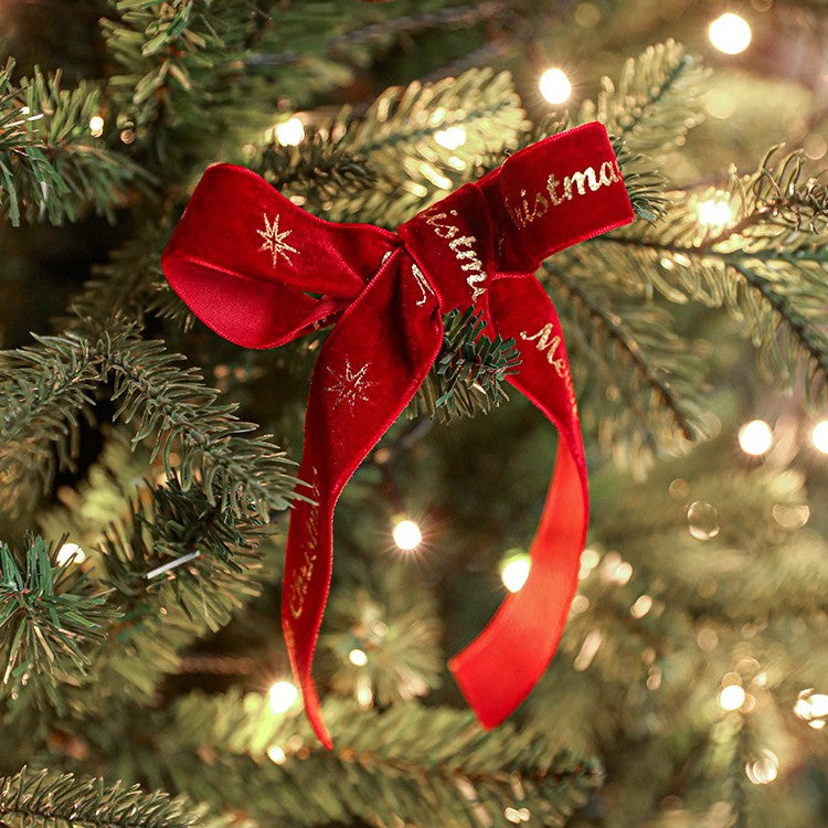 Panglica Decorativa de Craciun, Ornament pentru Brad si Cadouri, Model Merry Christmas si Cerbi Aurii, Panza cu Aspect Catifelat, 200 x 2.5 cm, Rosu
