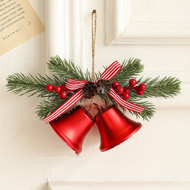 Decoratiune de Craciun pentru Brad si Interior, Model 2 Clopotei cu Crenguta de Brad si Conuri, Material Plastic si Textil, 23 x 12 cm, Rosu Lucios