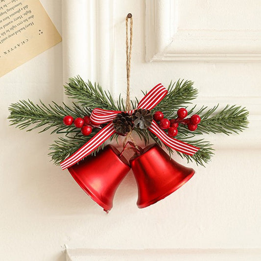 Decoratiune de Craciun pentru Brad si Interior, Model 2 Clopotei cu Crenguta de Brad si Conuri, Material Plastic si Textil, 23 x 12 cm, Rosu Lucios