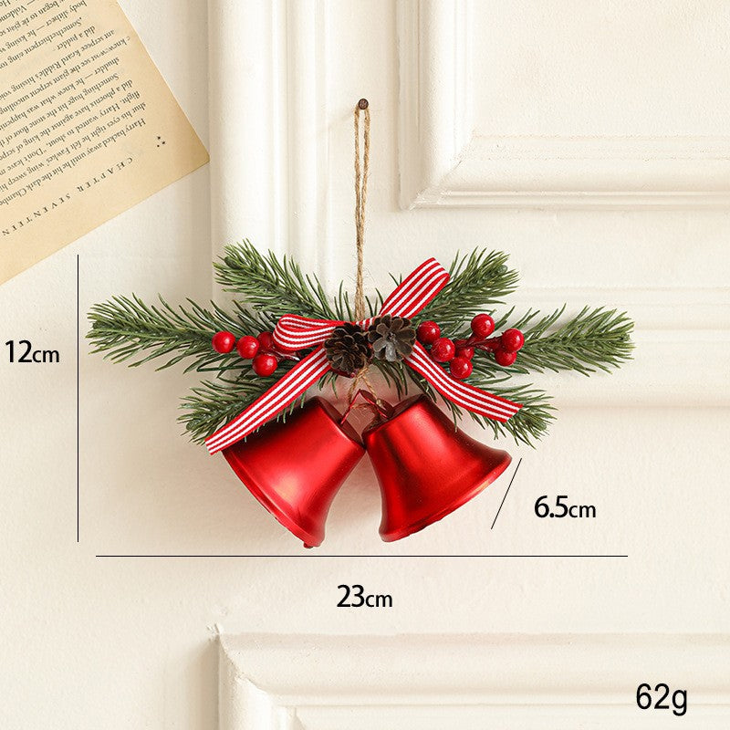 Decoratiune de Craciun pentru Brad si Interior, Model 2 Clopotei cu Crenguta de Brad si Conuri, Material Plastic si Textil, 23 x 12 cm, Rosu Lucios