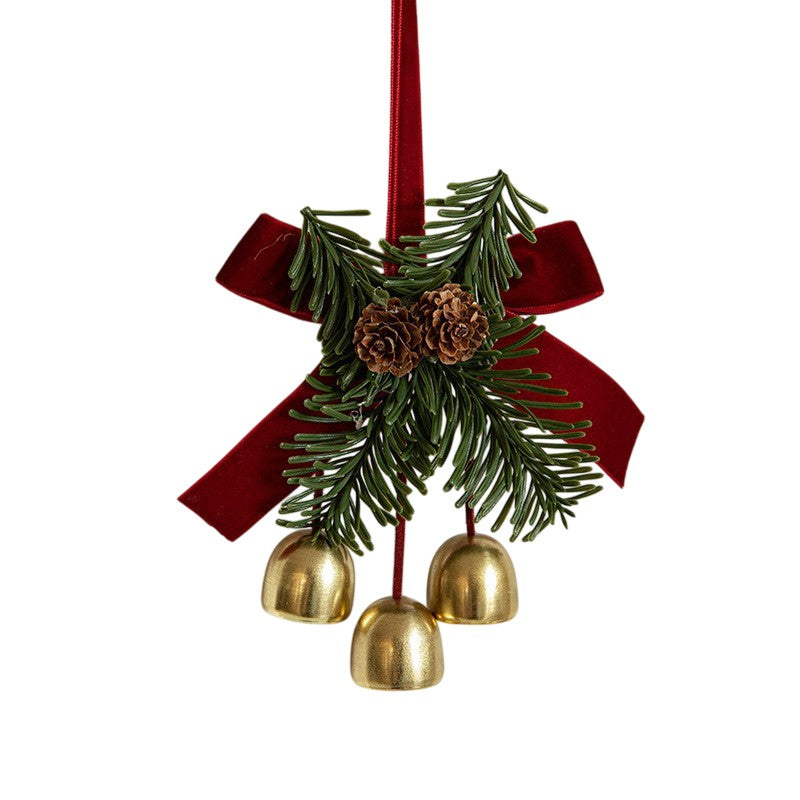 Ornament de Brad Tip Funda de Craciun, Decoratiune cu 3 Clopotei Aurii si Conuri Naturale, Panglica Catifea Velvet, Rosu, 16 x 11 cm