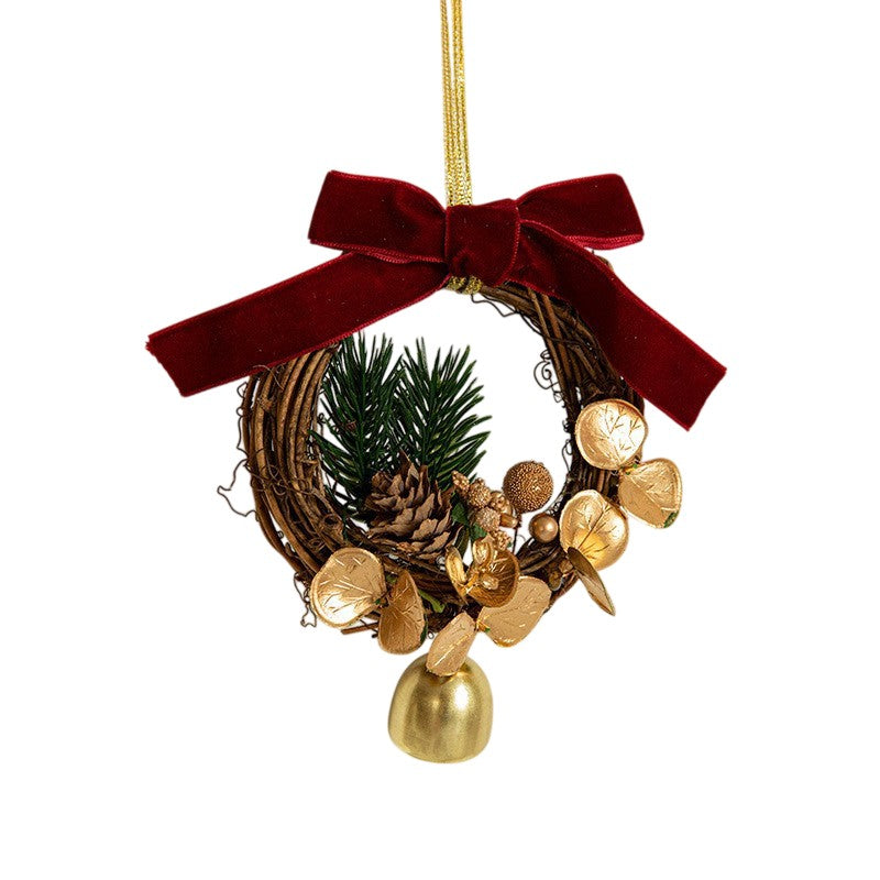 Ornament de Brad Tip Coronita de Craciun, Clopotel cu Flori Aurii si Conuri Naturale, Panglica Rosie Velvet, 14 x 10 cm, Rosu