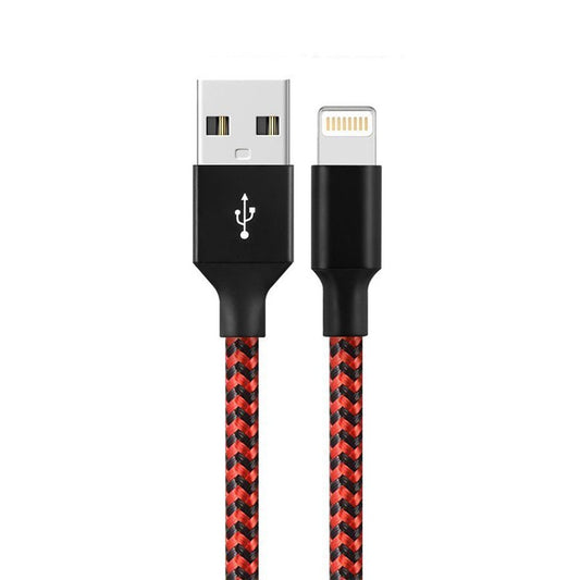 Cablu de Date si Incarcare Lightning, USB-A Compatibil cu iPhone, Invelis Textil Impletit Triunghiular, Rezistent la Indoire, Nailon, 2 m, Rosu/Negru