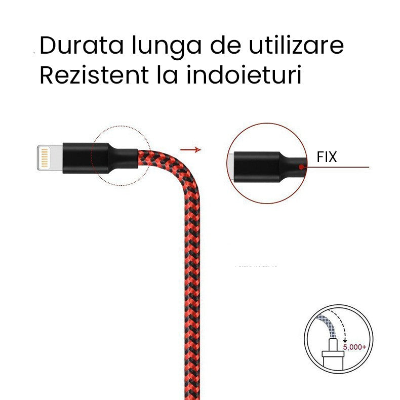 Cablu de Date si Incarcare Lightning, USB-A spre Lightning, Invelis Textil Impletit Triunghiular, Rezistent la Indoire, 1 m, Rosu/Negru