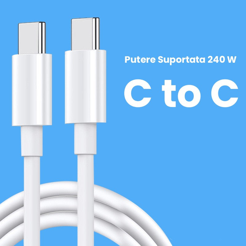 Cablu de Date si Incarcare Rapida USB Type-C la Type-C, Power Delivery 240W, 160 Fire Cupru, Compatibil iOS si Android, Laptop si Smartphone, 1m, Alb