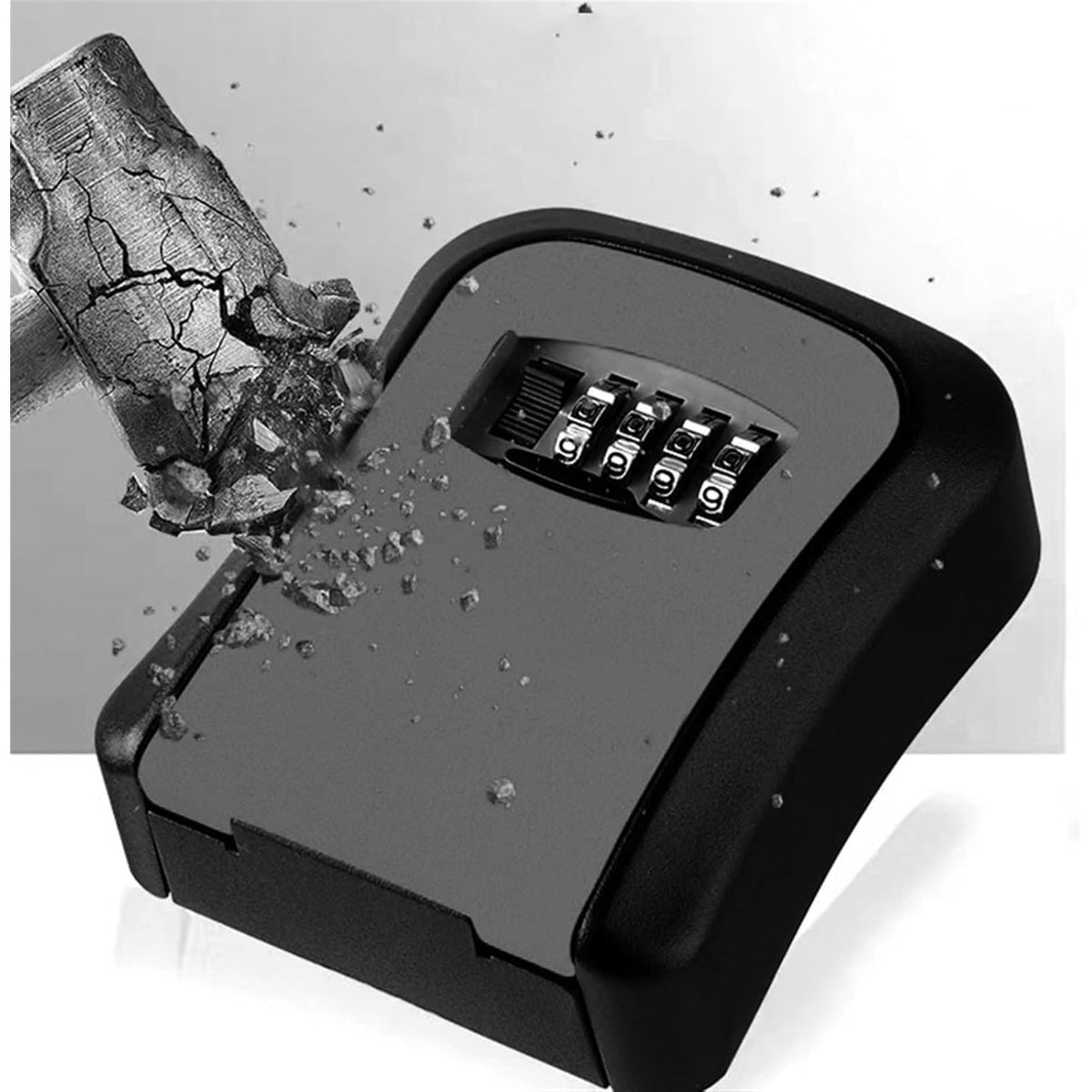 Cutie pentru Chei cu Parola, Seif Exterior pentru Perete, Cod Mecanic 4 Cifre, Aliaj Aluminiu si Plastic, Impermeabila, 12.5 x 10.5 x 5 cm, Negru