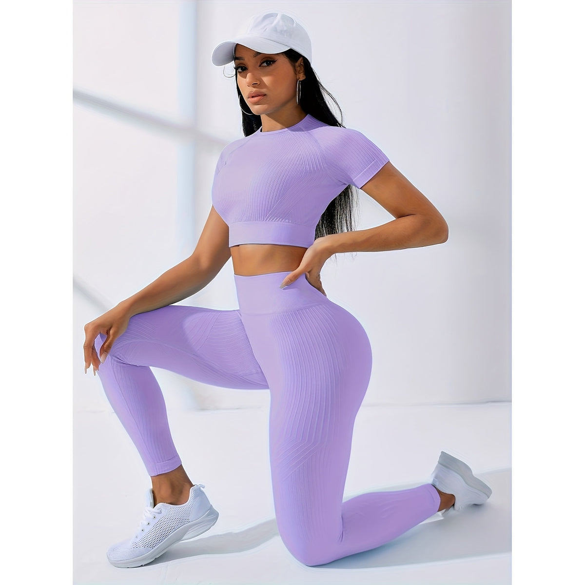 Costum Fitness Și Yoga Pentru Femei, Design Fără Cusături, Talie Înaltă, Material Elastic Din Spandex Și Nailon, Mov, Mărime S