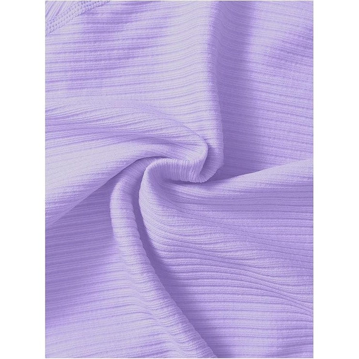 Costum Fitness si Yoga pentru Femei, Set Sport cu Talie Inalta si Tricou cu Maneca Scurta, Design Fara Cusaturi, Material Elastic din Spandex si Nailon, Mov, Marime L