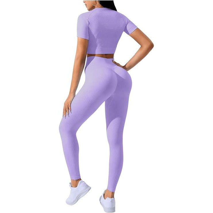 Costum Fitness si Yoga pentru Femei, Set Sport cu Talie Inalta si Tricou cu Maneca Scurta, Design Fara Cusaturi, Material Elastic din Spandex si Nailon, Mov, Marime L