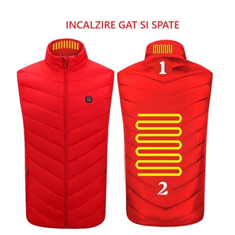 Vesta cu Incalzire USB, Unisex, 2 Zone de Incalzire Gat si Spate, 3 Trepte Temperatura, Umplutura Bumbac si Poliester, Rosu, Marime XXL (65-75 kg)
